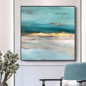 Hand Painted Abstract blue ocean oil painting seaside handmade Wall art Picture for Living room bedroom home decoration gift - 120x120cm