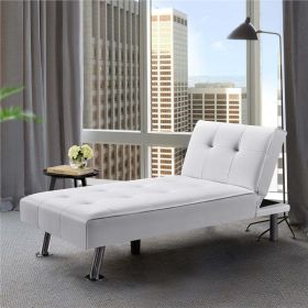 Convertible Faux Leather Futon Chaise Lounge, White (Color: White)