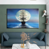 Handmade Sailboat Painting Seascape Original Art Boat Painting Nautical Artwork Full Moon Canvas Painting Night Sky Wall Art - 60X90cm