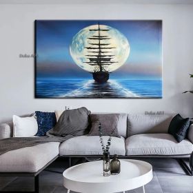 Handmade Sailboat Painting Seascape Original Art Boat Painting Nautical Artwork Full Moon Canvas Painting Night Sky Wall Art - 60X90cm