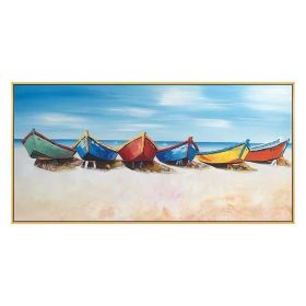 Hand Painted Boat Beach Canvas Painting Landscape Oil Painting For Living Room Salon Decoration Modern Wall Art Picture Handmade - 50x100cm