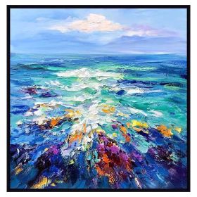 Modern Artist Painted Abstract Dark Blue Sea Oil Painting On Canvas Wall Art Frameless Picture Decor For Living Room Home Gift - 60x60cm