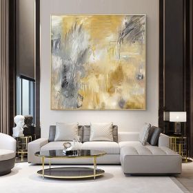 Yellow Gray Hand Painted Abstract Oil Canvas Painting Gold Wall Art Picture For Living Room Bedroom Home Decor  - 90x90cm