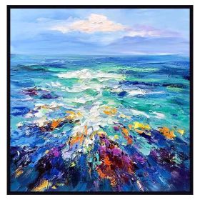 Modern Artist Painted Abstract Dark Blue Sea Oil Painting On Canvas Wall Art Frameless Picture Decor For Living Room Home Gift - 90x90cm