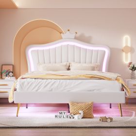 Queen Size Upholstered Bed Frame with LED Lights,Modern Upholstered Princess Bed With Crown Headboard,White - as Pic