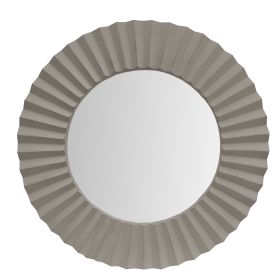 32 Inch Round Beveled Floating Wall Mirror with Corrugated Design Wooden Frame, Gray - as Pic