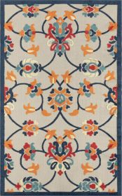 Stylish Classic Pattern Design Floral Damask High-Low Indoor Outdoor Area Rug - Navy|Orange - 5' X 8'