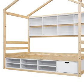 Twin House Bed with Roof Frame, Bedside-shelves, Under Bed Storage Unit,Natural - as Pic