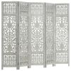 Hand Carved 5-Panel Room Divider Gray 78.7"x65" Solid Mango Wood - Grey