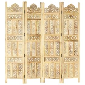 Hand carved 4-Panel Room Divider 63"x65" Solid Mango Wood - Brown