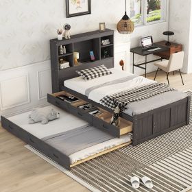 Twin Size Platform Bed with Storage Headboard, Charging Station, Twin Size Trundle and 3 Drawers, Antique Brown - as Pic