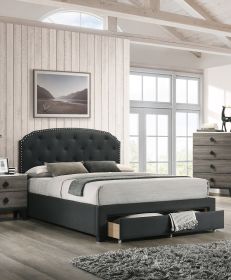 Charcoal Burlap Fabric 1pc Twin Size Bed w Drawer Button Tufted Headboard Storage Bedframe Bedroom Furniture - as Pic