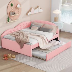 Full Size PU Upholstered Tufted Daybed with Trundle and Cloud Shaped Guardrail, Pink - as Pic