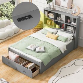 Full Size Platform Bed with Storage Headboard, Charging Station and 2 Drawers, Gray - as Pic