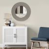 32 Inch Round Beveled Floating Wall Mirror with Corrugated Design Wooden Frame, Gray - as Pic