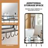 Wall Bathroom Mirror with Shelf Hooks Sturdy Metal Frame for Bedroom Living Room - Black