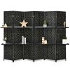 6 Panel Folding Weave Fiber Room Divider with 2 Display Shelves - Black