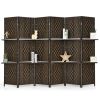 6 Panel Folding Weave Fiber Room Divider with 2 Display Shelves - Brown