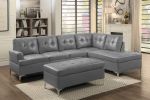 Contemporary Gray Tufted Top 1pc Ottoman Faux Leather Upholstered Solid Wood Frame Living Room Furniture Silver Metal Legs - as Pic