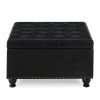 Large square storage ottoman with wooden legs, Upholstered button tufted coffee table with nail trims for Living Space, Black - as Pic