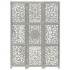 Hand carved 3-Panel Room Divider Gray 47.2"x65" Solid Mango Wood - Grey