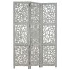 Hand carved 3-Panel Room Divider Gray 47.2"x65" Solid Mango Wood - Grey