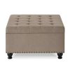 Large square storage ottoman with wooden legs, Upholstered button tufted coffee table with nail trims for for Living Space,Linen - as Pic