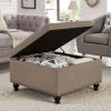 Large square storage ottoman with wooden legs, Upholstered button tufted coffee table with nail trims for for Living Space,Linen - as Pic