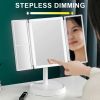 Rechargeable Foldable Makeup Mirror With LED Light 360° Adjust Wireless 1-3X Magnifying 3 Tone Light Desktop Vanity Table Mirror - three lights - CN