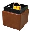 Square Storage Ottoman with Tray Faux Leather Upholstered Footrest Stool - Brown