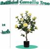 2 PCS Artificial Flower Plants, 30 Inch Artificial Camellia Built-in Black Pot Outdoor Decor - Yellow