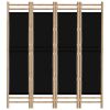 Folding 4-Panel Room Divider 63" Bamboo and Canvas - Black