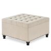 Large square storage ottoman with wooden legs, Upholstered button tufted coffee table with nail trims for Living Space,Beige - as Pic