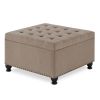 Large square storage ottoman with wooden legs, Upholstered button tufted coffee table with nail trims for for Living Space,Linen - as Pic